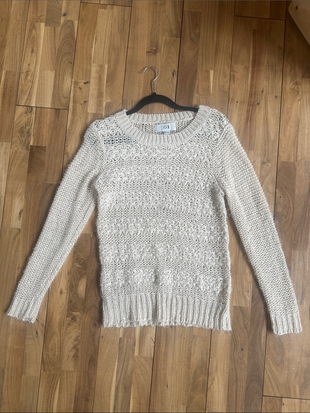 Cream Open-Knit Crewneck Sweater
